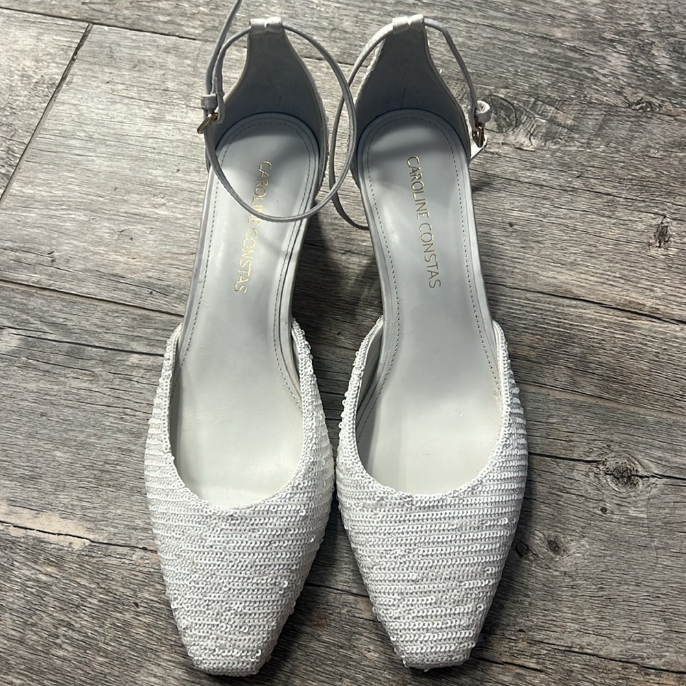 Caroline Constas Glittering Sequined White Heels Shoes - Picture 14 of 16